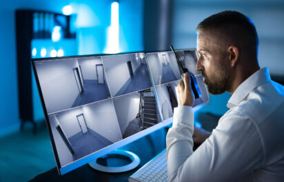 Security System CCTV Monitor Room Security System CCTV Monitor Room. Man Using Walkie Talkie